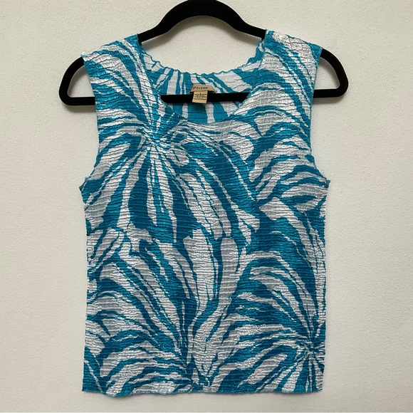 Plisse Tops - Plisse Blue, White Tropical Print Scrunch Tank Top Size Large Vacation Summer